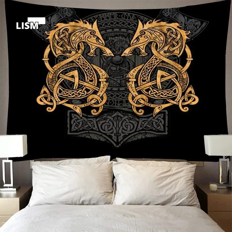 

Viking Legend Warrior Tapestry Wall Hanging Blanket Mysterious Wolf Totem Art Trendy Tapestries Home Room Aesthetics Decoration