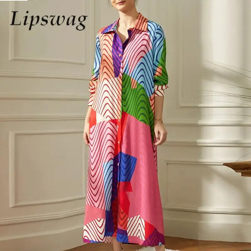 Color Geometry Print Fashion Shirt Beach Dresses Elegant Turn-down Collar Women Long Dress Lady Summer Casual Loose Party Dress
Color Geometry Print Fashion Shirt Beach Dresses Elegant Turn-down Collar Women Long Dress Lady Summer Casual Loose Party Dress