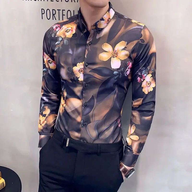 Мужская приталенная рубашка с принтом, Повседневная деловая рубашка с длинным рукавом, одежда в Корейском стиле, весна 2023 
Мужская приталенная рубашка с принтом, Повседневная деловая рубашка с длинным рукавом, одежда в Корейском стиле, весна 2023
