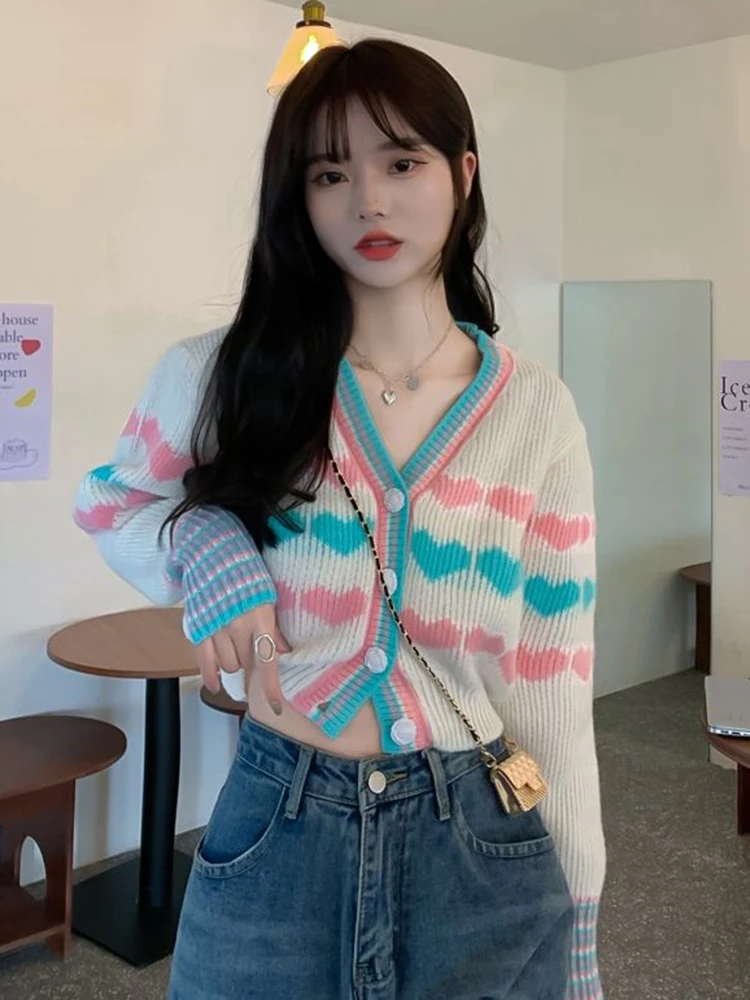 Zoki Heart Women Rainbow Cardigan Sweater Sweet Long Sleeve Sexy Cropped Knitted Sweater Korean Loose Fashion V Neck Female Tops
Zoki Heart Women Rainbow Cardigan Sweater Sweet Long Sleeve Sexy Cropped Knitted Sweater Korean Loose Fashion V Neck Female Tops