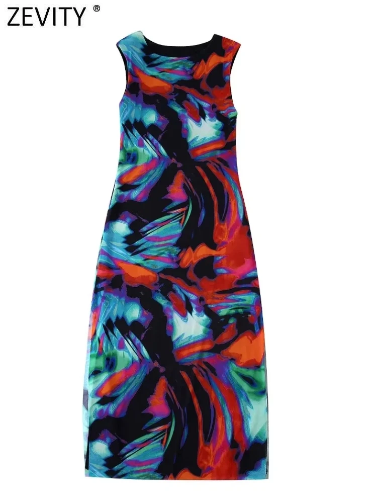 

Zevity женское винтажное платье-миди контрастных цветов с принтом граффити из тюля, женское шикарное платье с круглым вырезом без рукавов с ра...