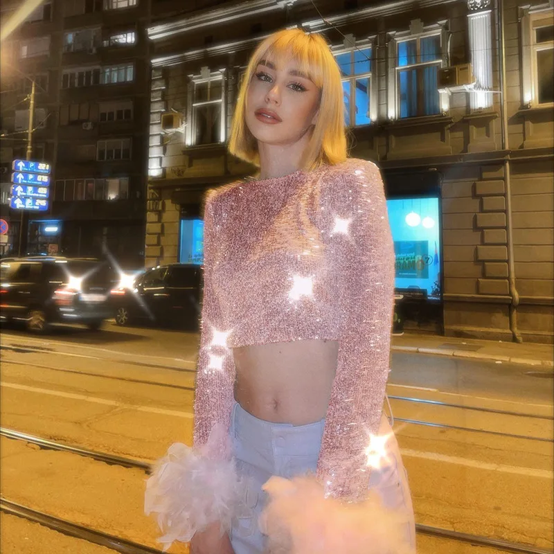 Spring and Autumn Sexy Navel Short Bodysuit Pink Round Neck Sequin Feather Long Sleeve Short Top Casual Party Party
Spring and Autumn Sexy Navel Short Bodysuit Pink Round Neck Sequin Feather Long Sleeve Short Top Casual Party Party