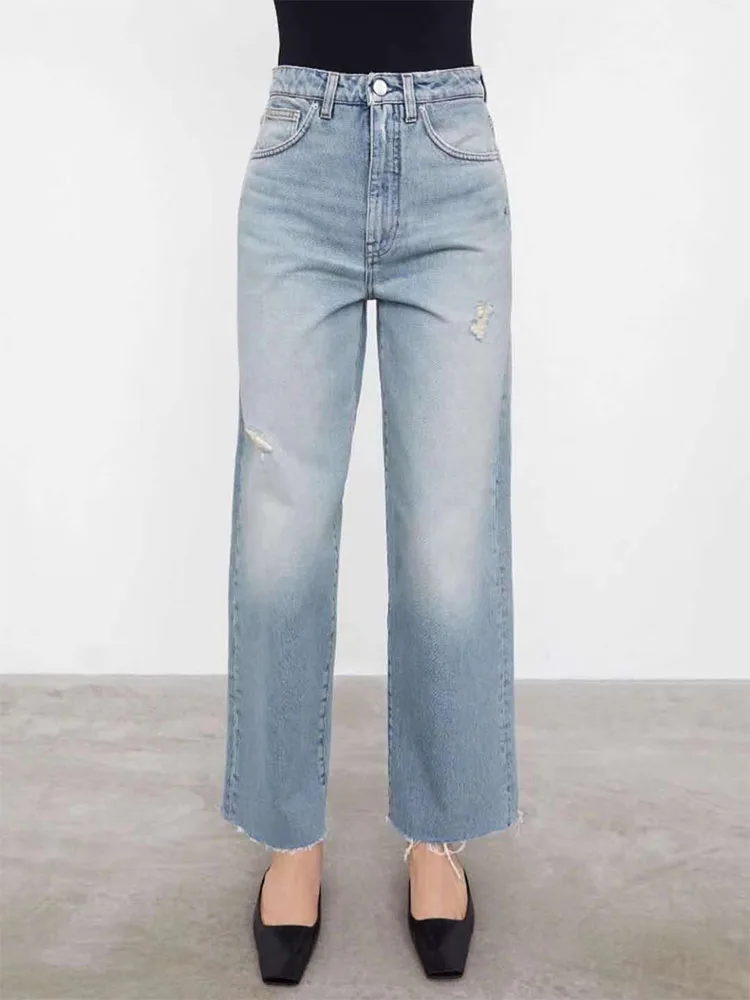 

Дизайнерские новые голубые джинсы с эффектом потертости в стиле ретро 2023, женские повседневные широкие брюки клеш с высокой талией