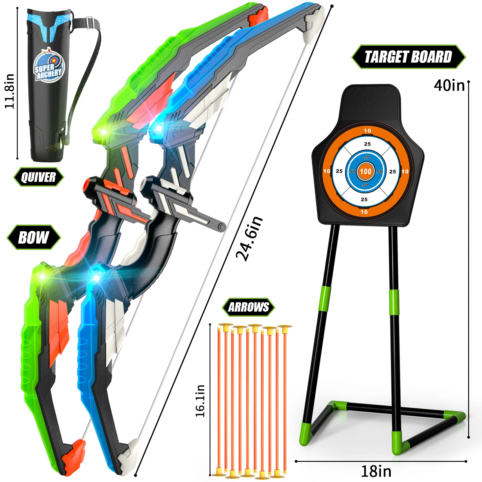 2pcs Bennol Kids Outdoor Sports Bow Led Light Arrow Toys Set With Standing Target Quiver for Boys Girls 3 years Old Indoor Play
2pcs Bennol Kids Outdoor Sports Bow Led Light Arrow Toys Set With Standing Target Quiver for Boys Girls 3 years Old Indoor Play