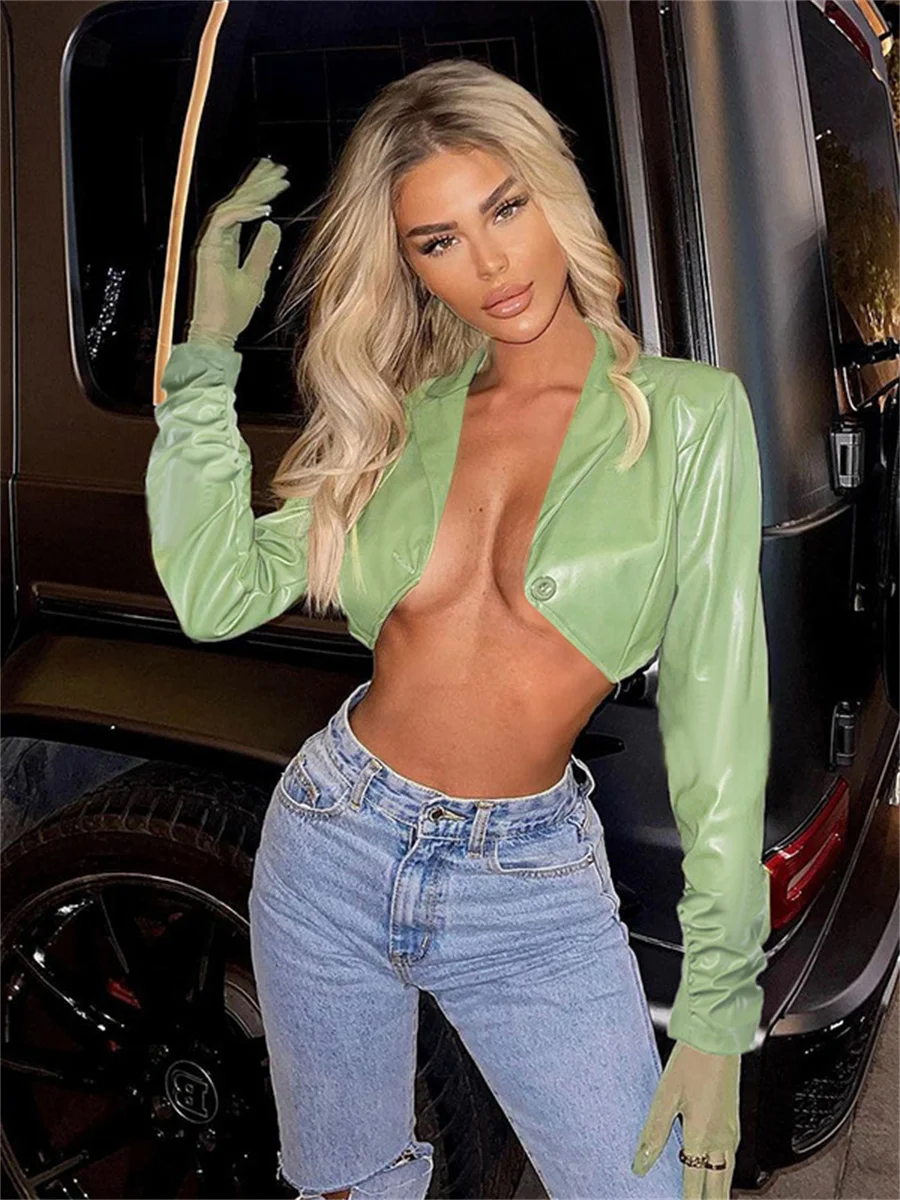 wsevypo Autumn Sexy PU Leather Cropped Jackets Fashion Women Long Sleeve Lapel One Button Coats Outwear Party Club Streetwear
wsevypo Autumn Sexy PU Leather Cropped Jackets Fashion Women Long Sleeve Lapel One Button Coats Outwear Party Club Streetwear