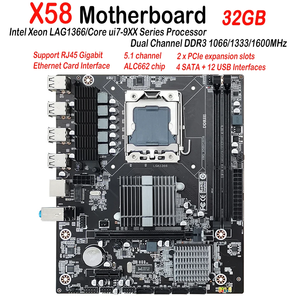 X58 PC Motherboard 32GB RAM LGA 1366 Motherboard Dual Channel DDR3 4 SATA 12 USB Support E5640 1600MHz Computer Accessory
X58 PC Motherboard 32GB RAM LGA 1366 Motherboard Dual Channel DDR3 4 SATA 12 USB Support E5640 1600MHz Computer Accessory