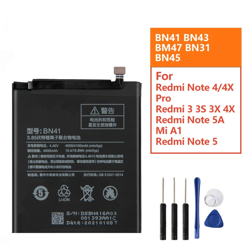 

2023New Replacement Battery BN41 BN43 BM47 For Xiaomi Redmi Note 4 Note4 Pro Note4X MTK Helio X20 Redmi 3 3S Mi5X Note 5 BN31 BN