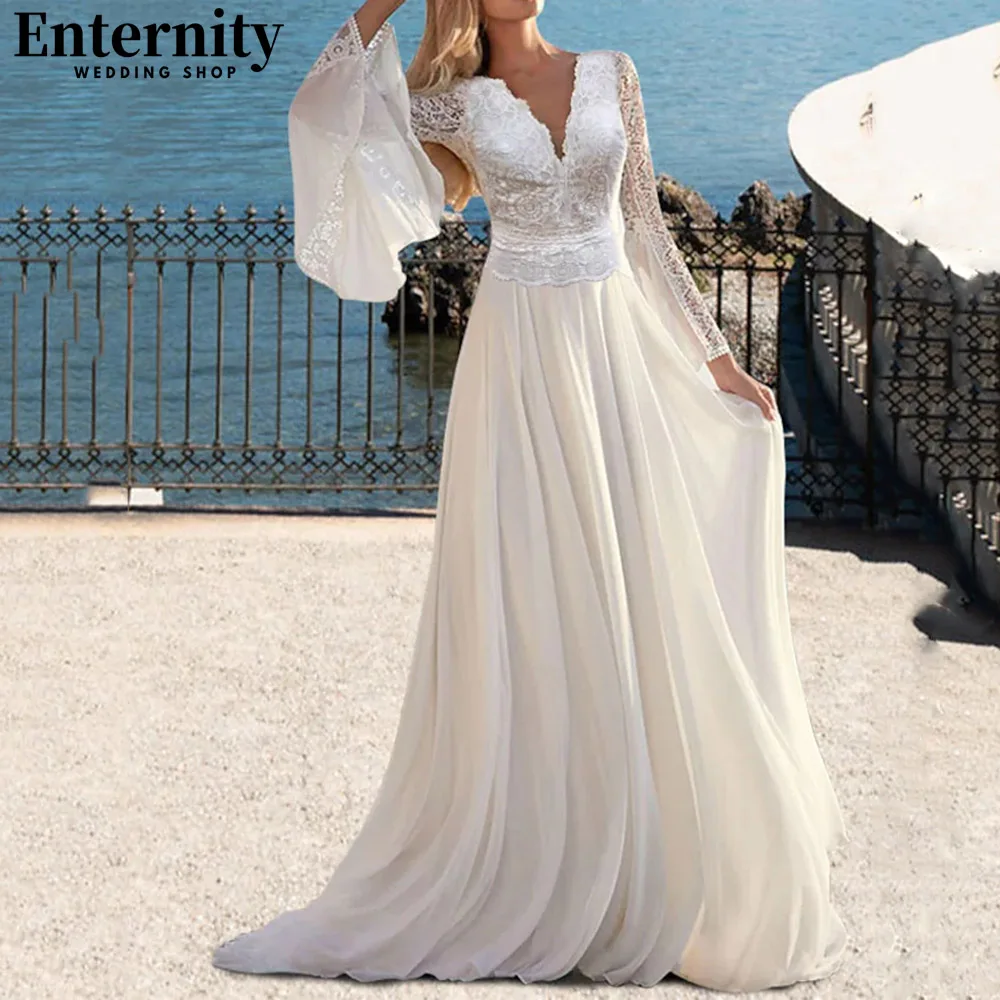 Boho Long Flare Sleeves V Neck Wedding Dresses A Line Pleats Lace Bridal Gowns Open Back Sweep Train Beach Vestidos De Novia
Boho Long Flare Sleeves V Neck Wedding Dresses A Line Pleats Lace Bridal Gowns Open Back Sweep Train Beach Vestidos De Novia