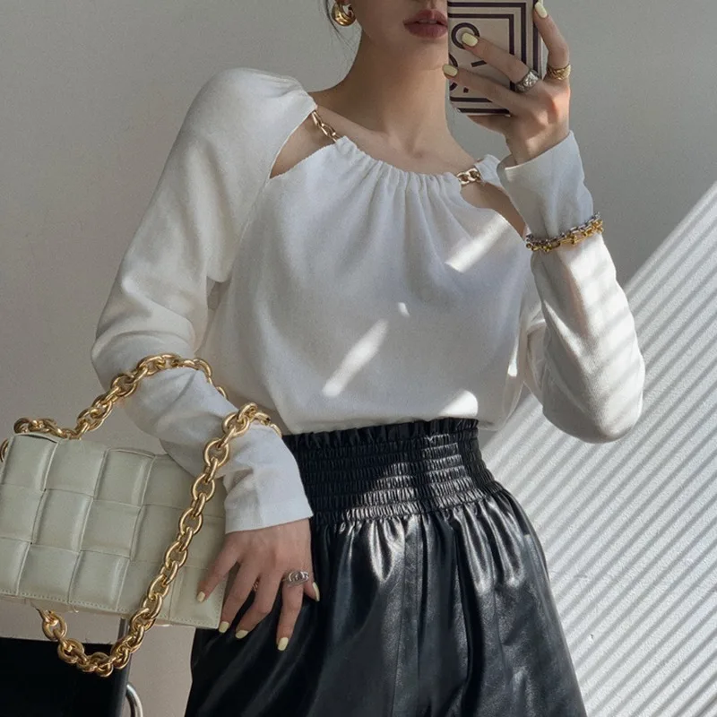 White Sexy Long Sleeve Harajuku T-shirt Korean Fashion Chain Hollow Out Slim T-shirts Elegant Chic Women's Tops Lady Streetwears
White Sexy Long Sleeve Harajuku T-shirt Korean Fashion Chain Hollow Out Slim T-shirts Elegant Chic Women's Tops Lady Streetwears