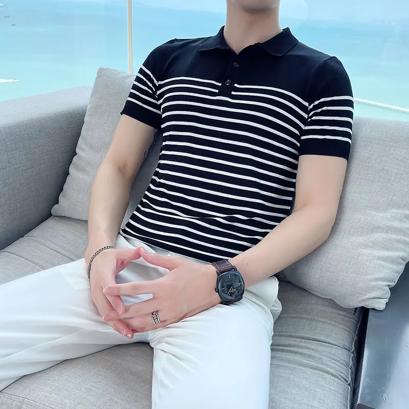 Hot Summer British Knitted Ice Silk Handsome T-shirt Slim Stripe Short Sleeve Polo Shirt Europe and America Simple Men's Wear
Hot Summer British Knitted Ice Silk Handsome T-shirt Slim Stripe Short Sleeve Polo Shirt Europe and America Simple Men's Wear