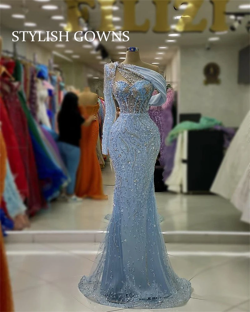 Luxury Blue One Shoulder Evening Dresses Long Sleeve Sparkly Beaded Crystal Prom Dress Saudi Arabia Party Gown Robe De Soiree
Luxury Blue One Shoulder Evening Dresses Long Sleeve Sparkly Beaded Crystal Prom Dress Saudi Arabia Party Gown Robe De Soiree