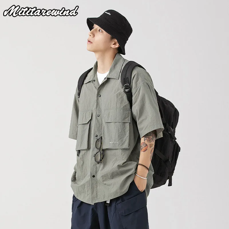 

Men's Thin Casual Shirts Short Sleeve Loose Cargo Solid Big Porkets Japanese Style Coats Summer Tops Youth Preppy Vibe Bf
