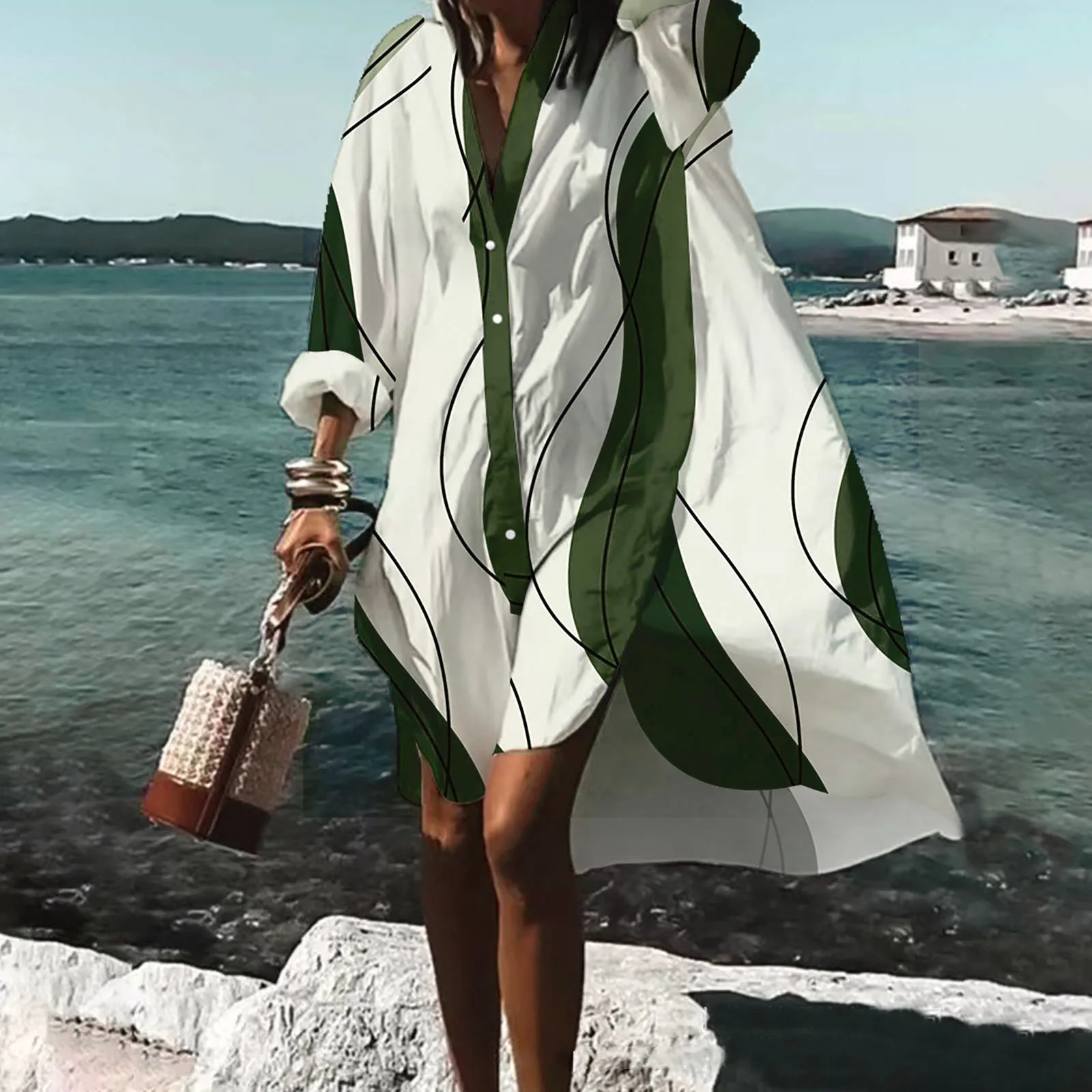 Turn-down Collar Loose Casual Beach Shirt Dress Vintage Single-breaste Female Print Dress Women Fashion Long Sleeve Party Dress
Turn-down Collar Loose Casual Beach Shirt Dress Vintage Single-breaste Female Print Dress Women Fashion Long Sleeve Party Dress