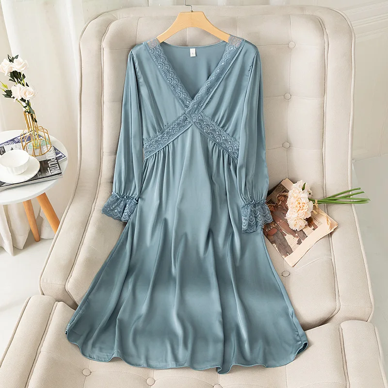 Long Sleeve Sleepwear Women Lace Satin Patchwork Nightgown Intimate Lingerie Summer New Casual Nightdress Home Clothing
Long Sleeve Sleepwear Women Lace Satin Patchwork Nightgown Intimate Lingerie Summer New Casual Nightdress Home Clothing