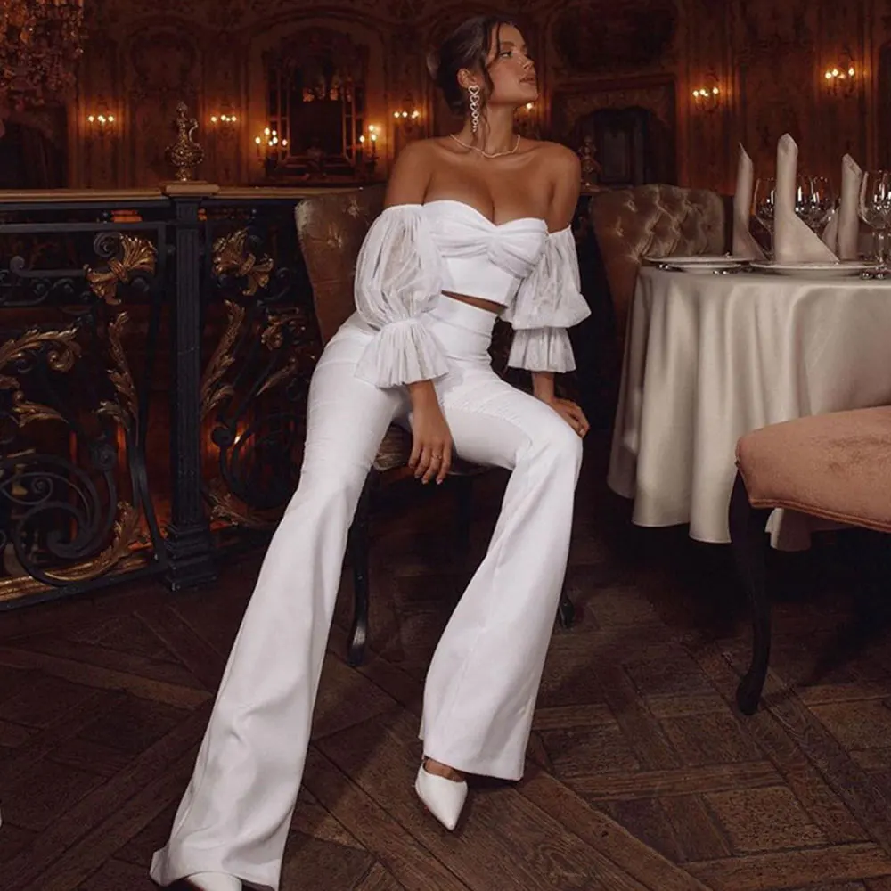 High Quality Fashion Bandage Pants Set Shiny Ruffle Puff Sleeve Off Shoulder Celebrity Party Club Trendy Two Piece Set
High Quality Fashion Bandage Pants Set Shiny Ruffle Puff Sleeve Off Shoulder Celebrity Party Club Trendy Two Piece Set