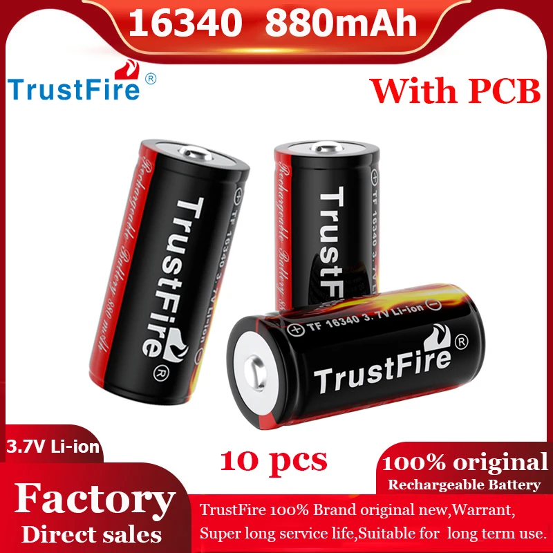 

TrustFire Original 16340 880mAh 3.7V Rechargeable Li ion Battery 500 Times Suitable for Flashlight Toy Lithium Batteries Cells