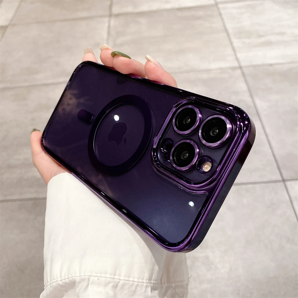 

Роскошный прозрачный Магнитный чехол Magsafe с покрытием для беспроводной зарядки для iPhone 14 13 Pro Max Plus, металлический стеклянный защитный чехол для объектива камеры