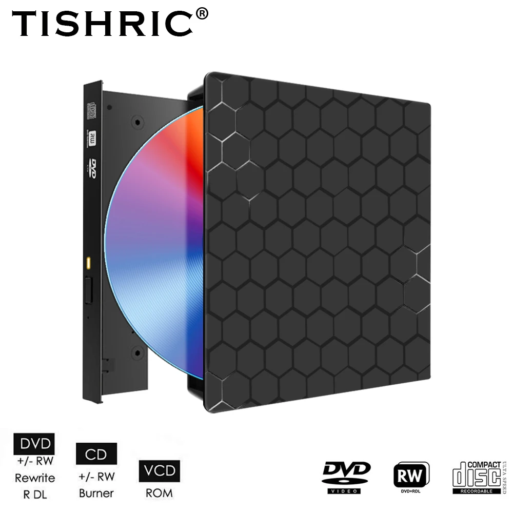 

DVD-привод TISHRIC USB 3.0 Type-C с кабелем, устройство для чтения CD, DVD, RW, ROM, CD-дисков, Внешний оптический привод, совместимый с настольным ноутбуком