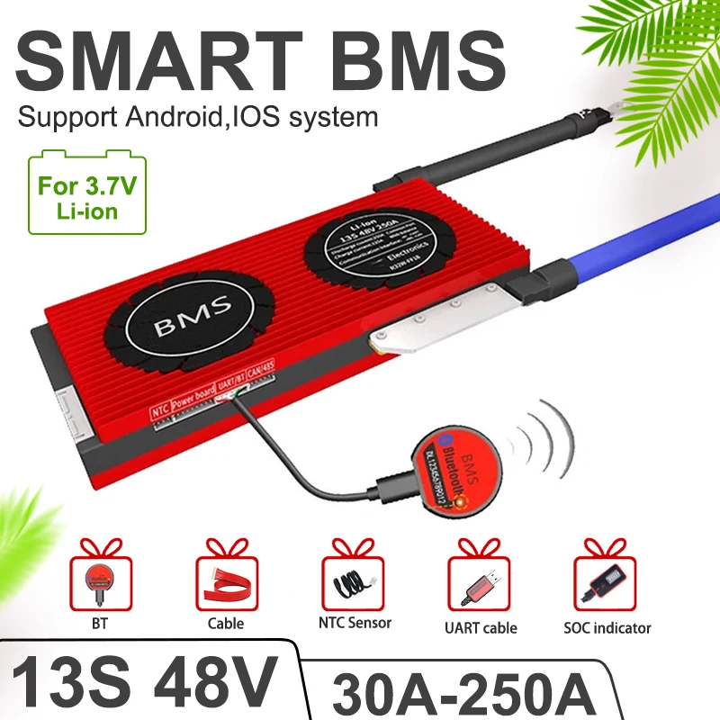 Smart BMS 13S 48V Li-ion 30A 60A 80A 100A 150A 200A 250A Bluetooth SOC UART For Scooter Ebike Boat Solar
Smart BMS 13S 48V Li-ion 30A 60A 80A 100A 150A 200A 250A Bluetooth SOC UART For Scooter Ebike Boat Solar