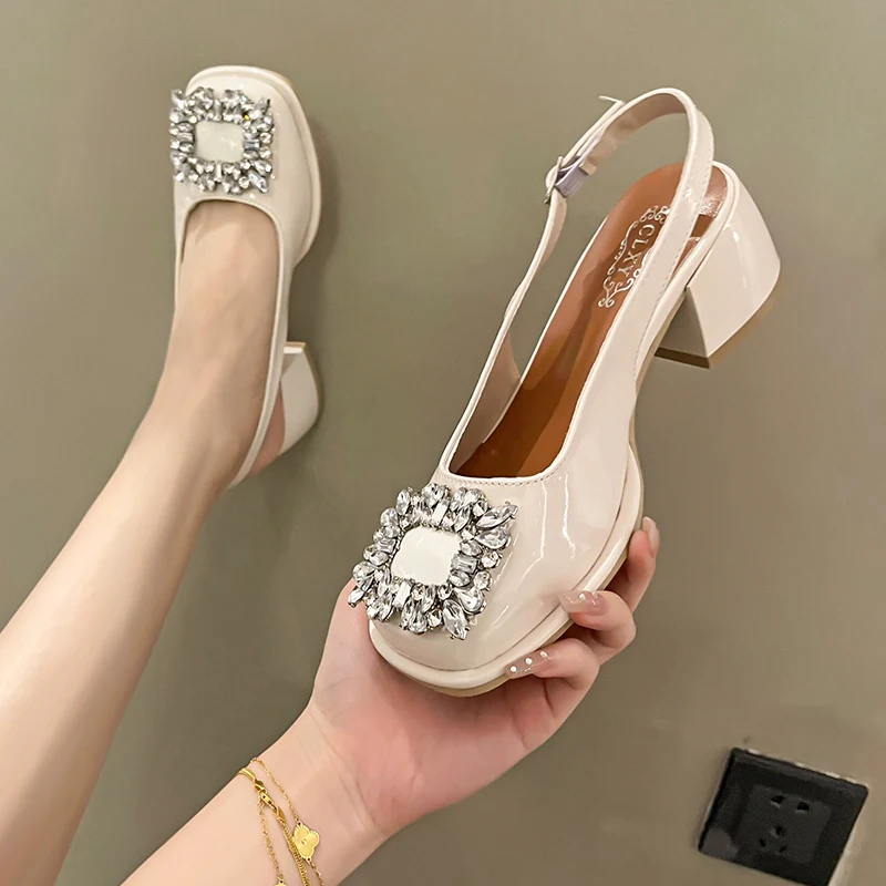 

2022 Sandals Med Block Heels Female Shoe All-Match Mary Jane New Medium Chunky Girls Closed Beige Clear Comfort Summer Fashion R