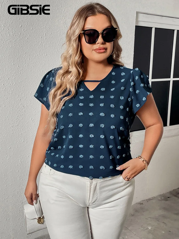 

GIBSIE Plus Size Swiss Dot V-Neck Butterfly Sleeve Blouse Women Fashion 2023 New Summer Sweet Casual Solid Womens Tops Blouses