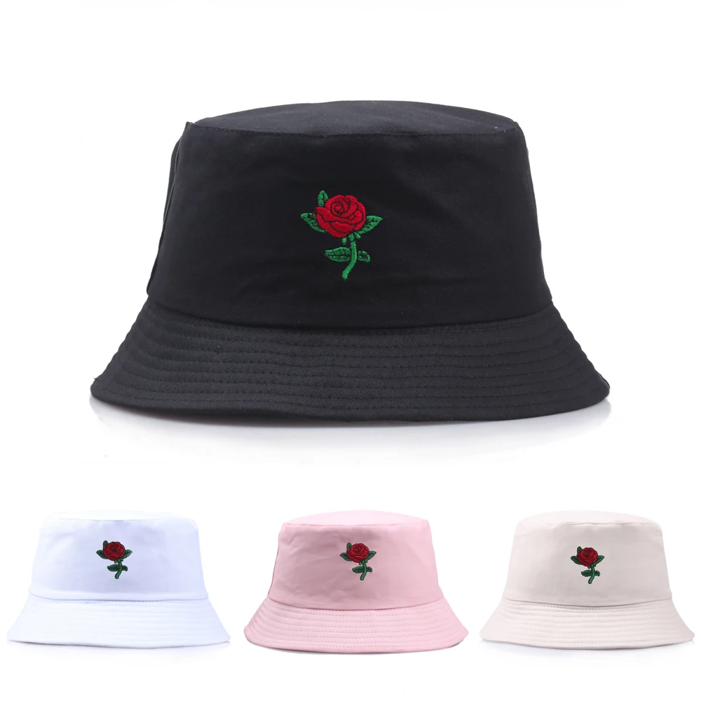 

Women's Rose Embroidery Bucket Hat Foldable Macaron Panama Hat Cotton Outdoor Fishing Hunting Cap Men Bob Chapeau Sun Hat 2022