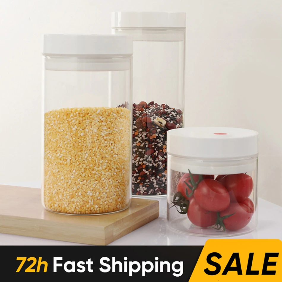 Стеклянный пищевой контейнер, герметичные контейнеры для хранения, кухонная прозрачная фотография, Вакуумная бутылка для специй с крышкой,...