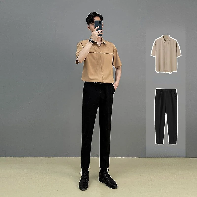 Men Solid Color Streetwear Fashion Lapel Short Sleeve Shirt & Long Pants Two Pieces Set 2023 Loose Men Casual Suits A58
Men Solid Color Streetwear Fashion Lapel Short Sleeve Shirt & Long Pants Two Pieces Set 2023 Loose Men Casual Suits A58