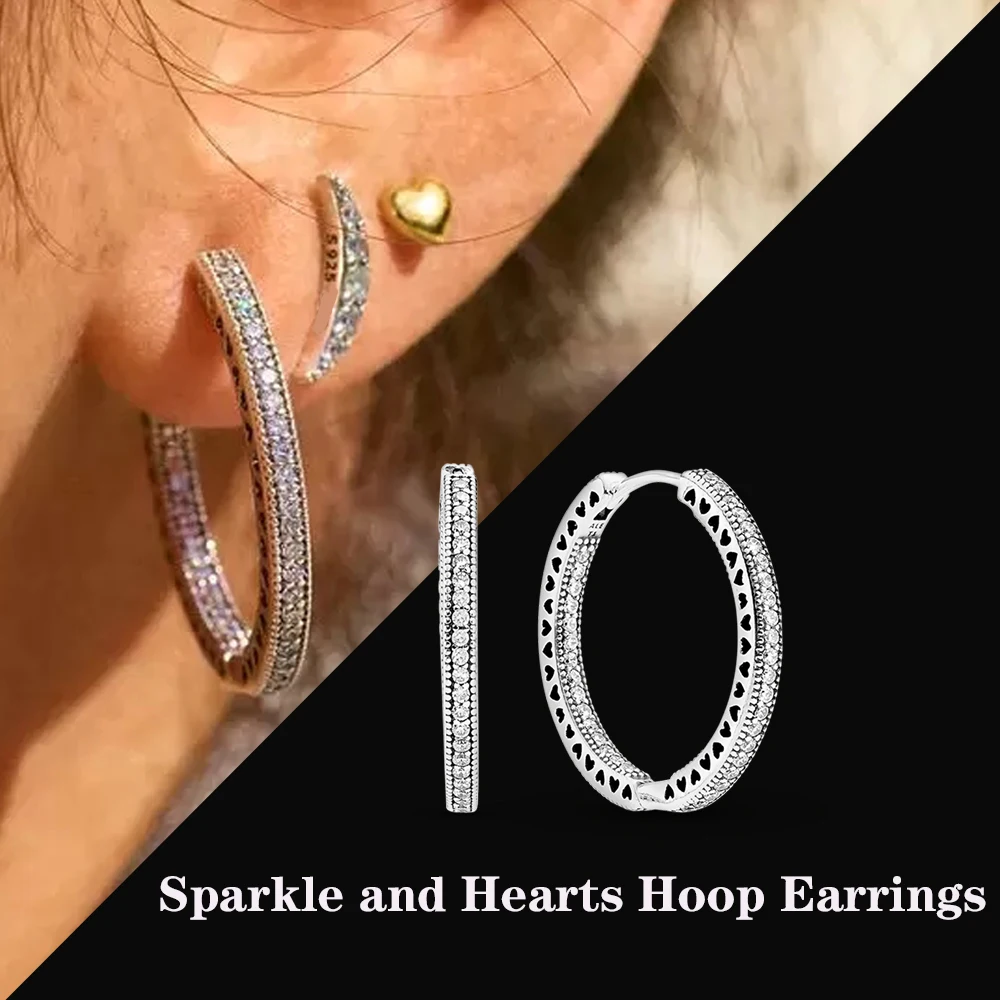 

Luxury Brand Original Sparkle And Hearts Hoop Earrings Silver Pure Elegant Drop Earrings Girls Engagement Gift Women Jewelry