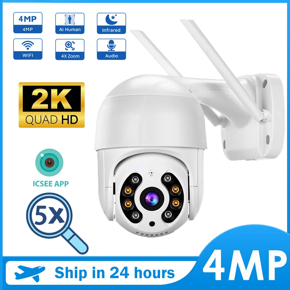 

Камера Наружного видеонаблюдения ICsee, беспроводная инфракрасная PTZ-камера с 5-кратным цифровым зумом и функцией автослежения, с ночным видением, 4 МП, Wi-Fi