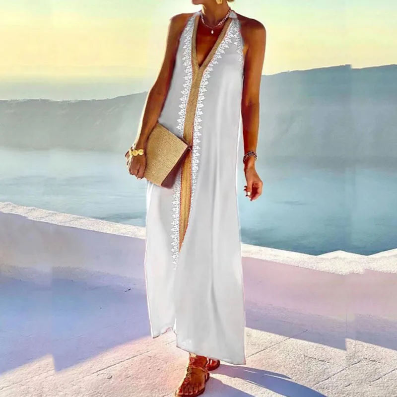 Vintage Lace Stitching Deep-V Party Dresses Women Off Shoulder Loose Maxi Dress Vestido Sexy Summer Long Halter Beach Boho Dress
Vintage Lace Stitching Deep-V Party Dresses Women Off Shoulder Loose Maxi Dress Vestido Sexy Summer Long Halter Beach Boho Dress