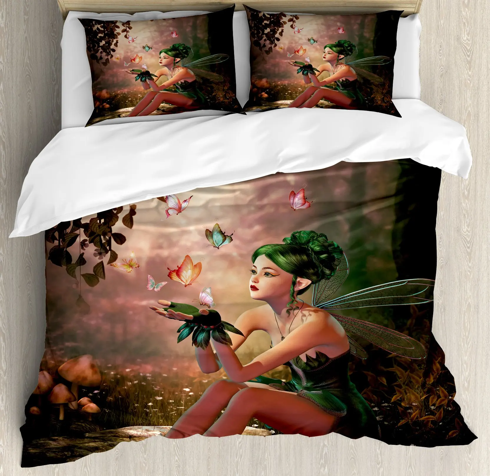 Fantasy Fairy Tale Duvet Cover Set,Girl Wings and Butterflies Little Pixie Elf Forest Bedding Set Woodland Comforter Cover Queen
Fantasy Fairy Tale Duvet Cover Set,Girl Wings and Butterflies Little Pixie Elf Forest Bedding Set Woodland Comforter Cover Queen