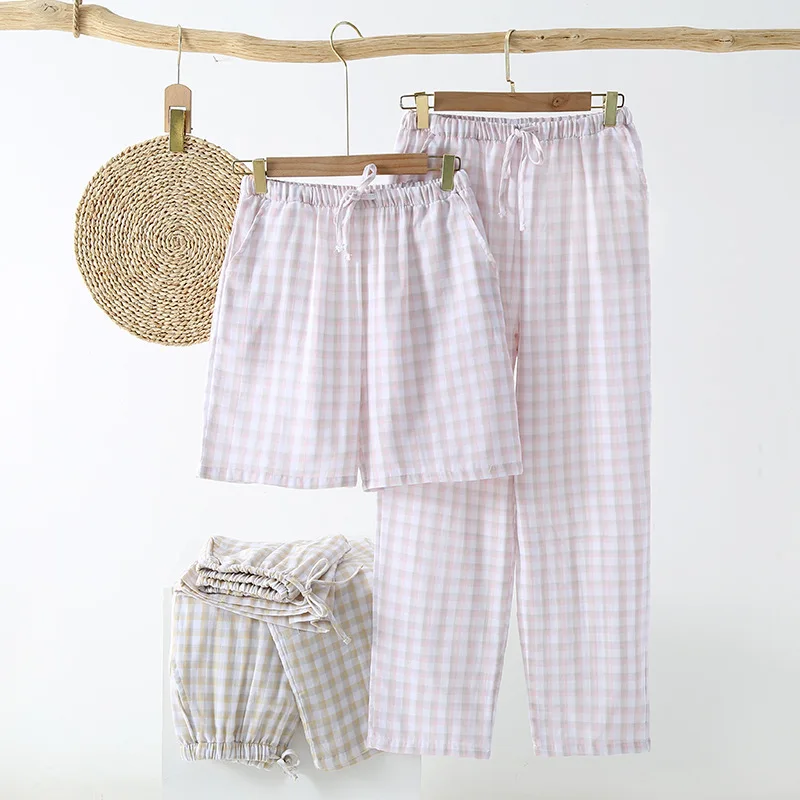 

Пижамные штаны Весна-лето женские тонкие дышащие шорты японская клетчатая простая ветровка двухслойная хлопковая одежда для сна брюки
