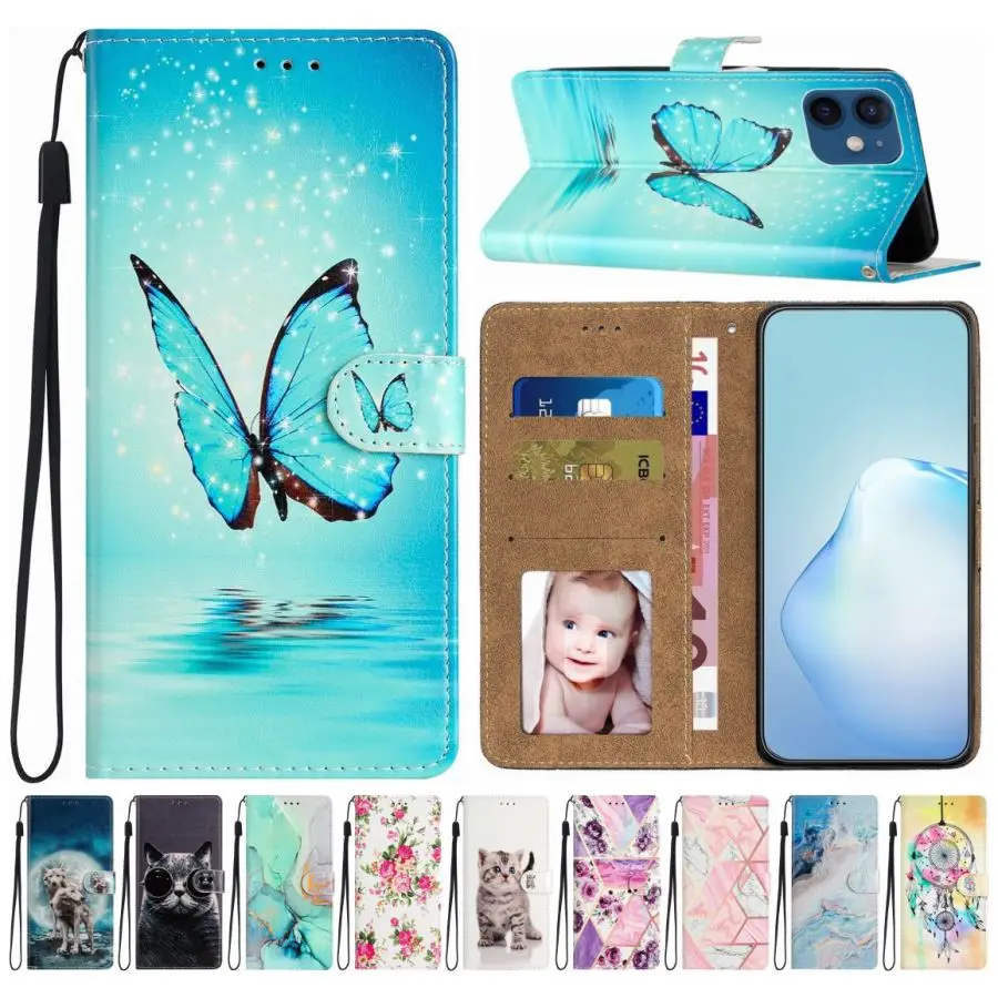 

Fashion Wolf Cat Marble Painted Case For Xiaomi Redmi Note 9 10 10S 11 Pro 11s 9s 8T 10A 10C 9A 9C A1 Leather Cover Skin DP18D