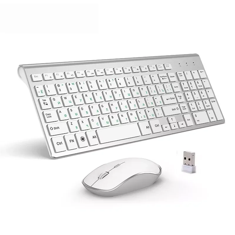 New Russian version 2.4g wireless keyboard and mouse, ergonomics, portable full size, USB interface, high-end fashion silvery
New Russian version 2.4g wireless keyboard and mouse, ergonomics, portable full size, USB interface, high-end fashion silvery