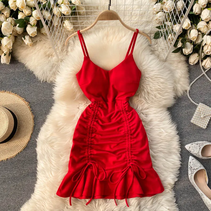 New Sexy V-neck Spaghetti Strap Sleeveless Mini Bodycon Dress Summer Women Slim Waist Drawstring Ruched Ruffles Party Dress
New Sexy V-neck Spaghetti Strap Sleeveless Mini Bodycon Dress Summer Women Slim Waist Drawstring Ruched Ruffles Party Dress