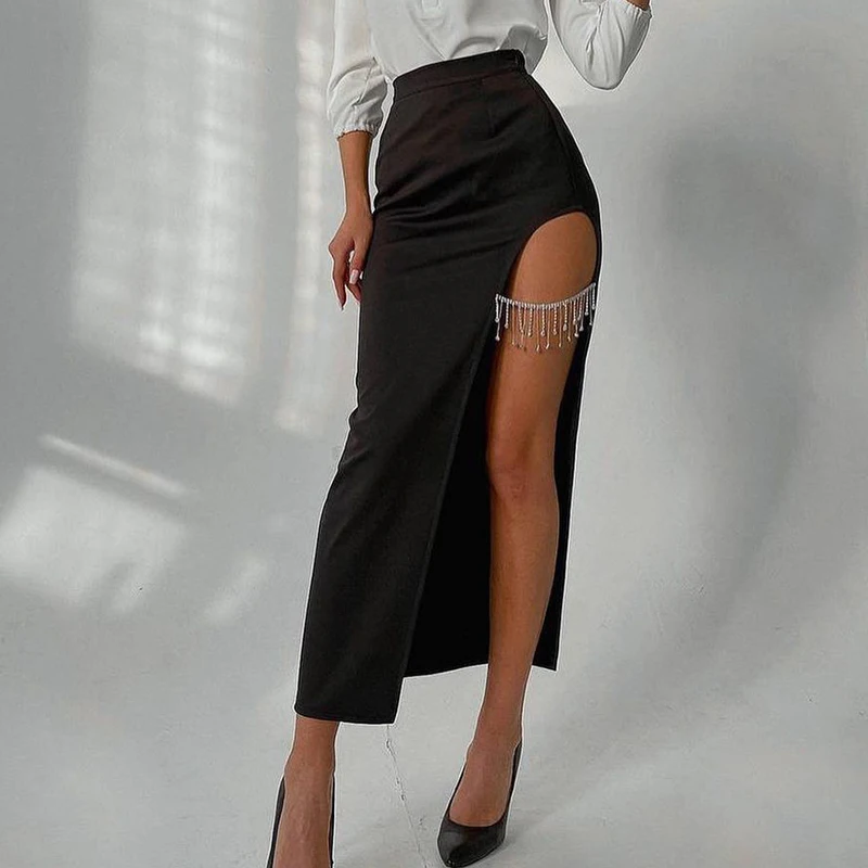 Women’s Casual Bodycon Mid-length Skirt Fashion Solid Color High Waist Rhinestone Chain Slit Skinny Skirts
Women’s Casual Bodycon Mid-length Skirt Fashion Solid Color High Waist Rhinestone Chain Slit Skinny Skirts