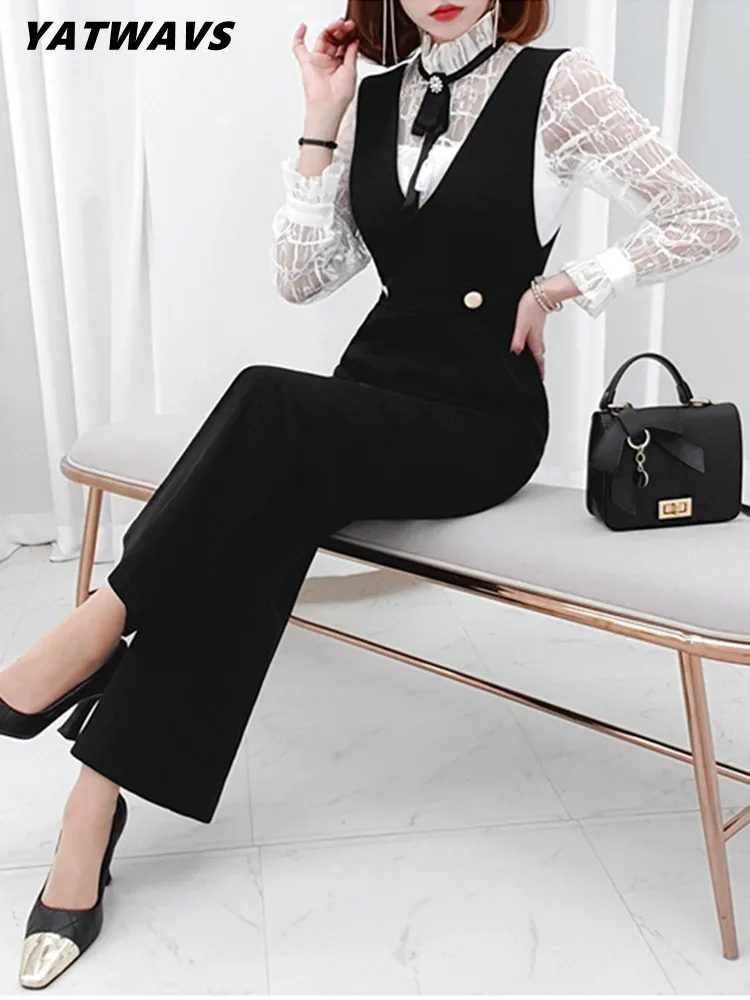 YATWAVS Fashion Two Pieces Set Women Sweet Bow Splicing Lace Shirt Top + Wide Leg Jumpsuit Ladies Autumn Elegant Rompers Suit
YATWAVS Fashion Two Pieces Set Women Sweet Bow Splicing Lace Shirt Top + Wide Leg Jumpsuit Ladies Autumn Elegant Rompers Suit