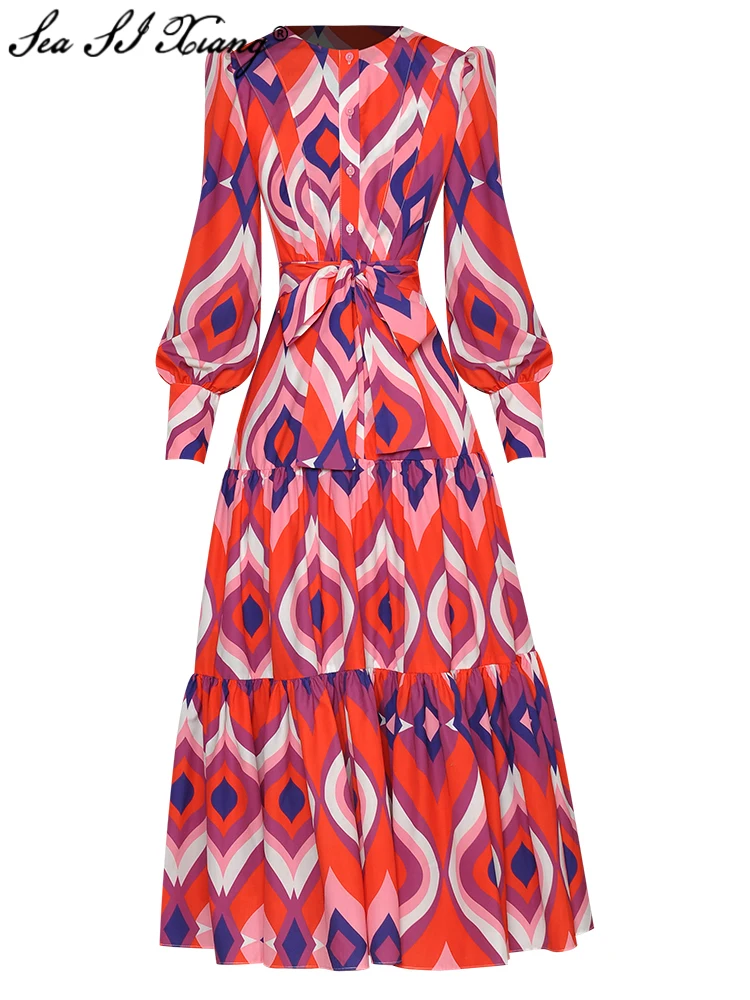 Seasixiang Fashion Designer Autumn Dress Women O-Neck Lantern Sleeve Belt Geometric Print Vintage Party Dresses
Seasixiang Fashion Designer Autumn Dress Women O-Neck Lantern Sleeve Belt Geometric Print Vintage Party Dresses