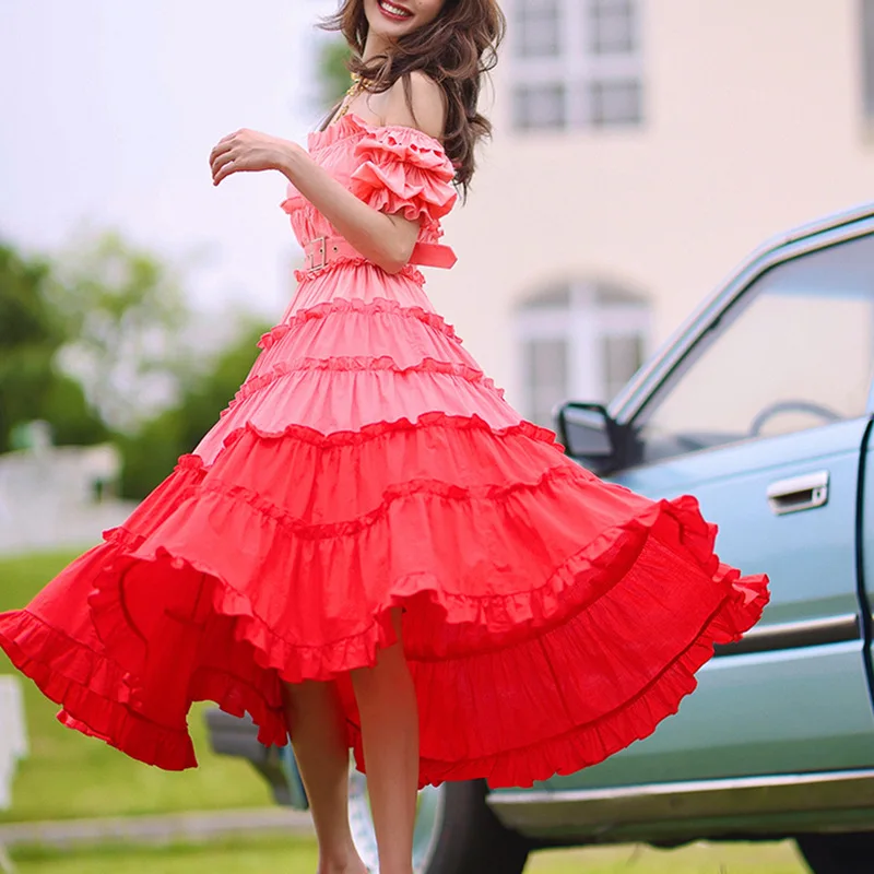 

Holiday Pink Long Skirt Summer And Autumn New Oblique Collar Contrast Color Stitching Cascading Gradient Ruffled Ladies Dress