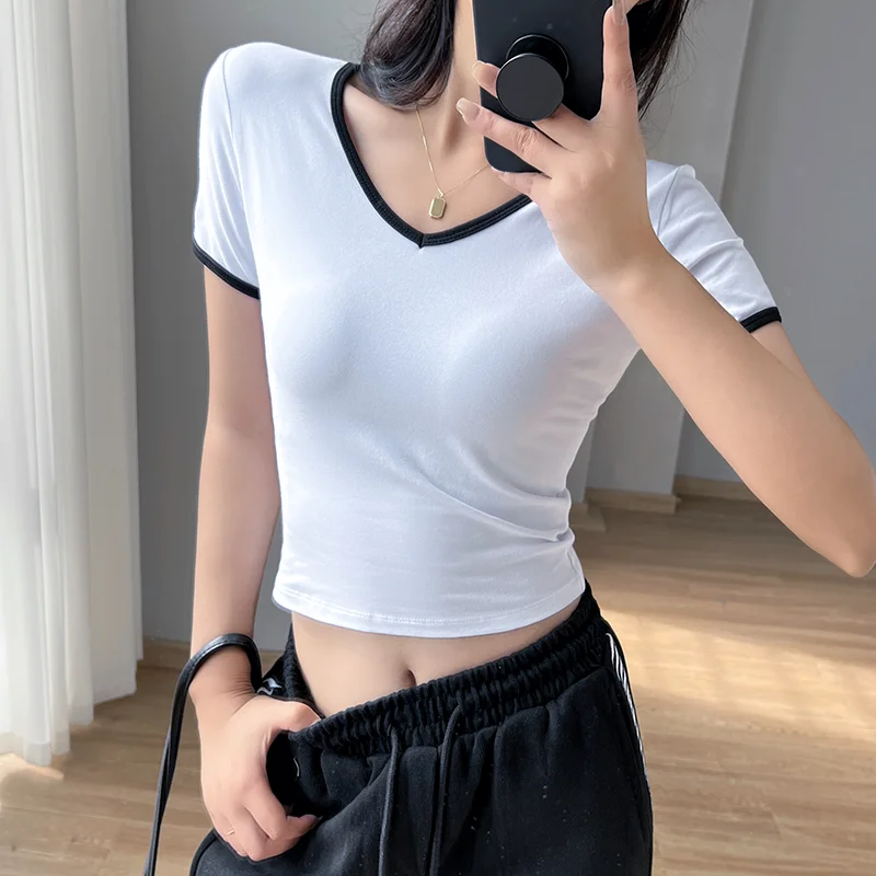 Cotton Women's T-shirt Summer Bony Top Solid Korean Style Fashion V-Neck Casual Female Clothes Short Sleeve White Sexy Tees
Cotton Women's T-shirt Summer Bony Top Solid Korean Style Fashion V-Neck Casual Female Clothes Short Sleeve White Sexy Tees