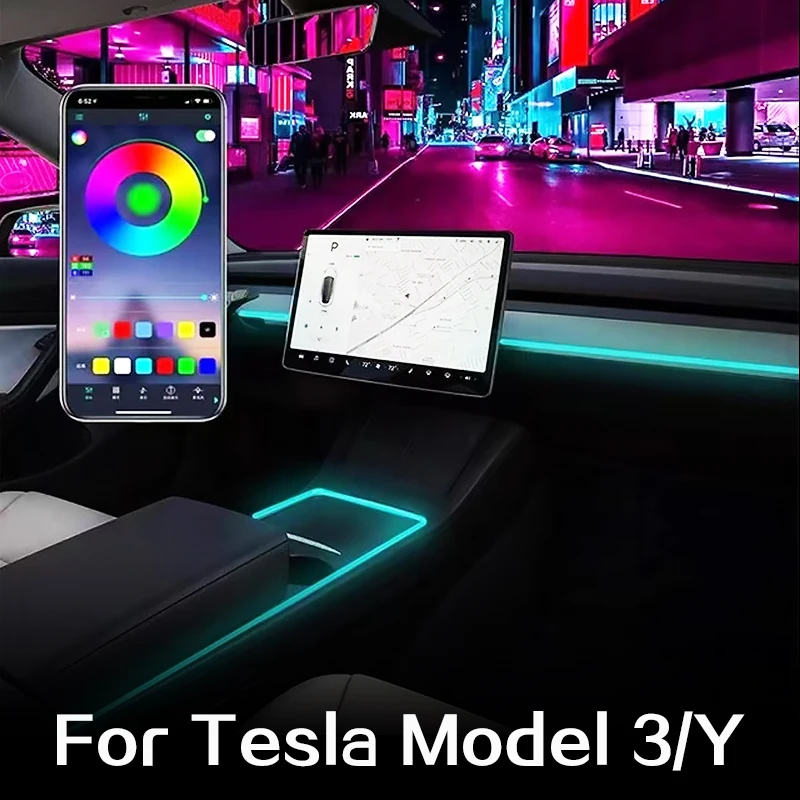 

Для Tesla Model 3, модель Y, внутреннее освещение, автомобильный светодиод RGB, неоновая атмосфера, фотооптическая лента с управлением через приложение