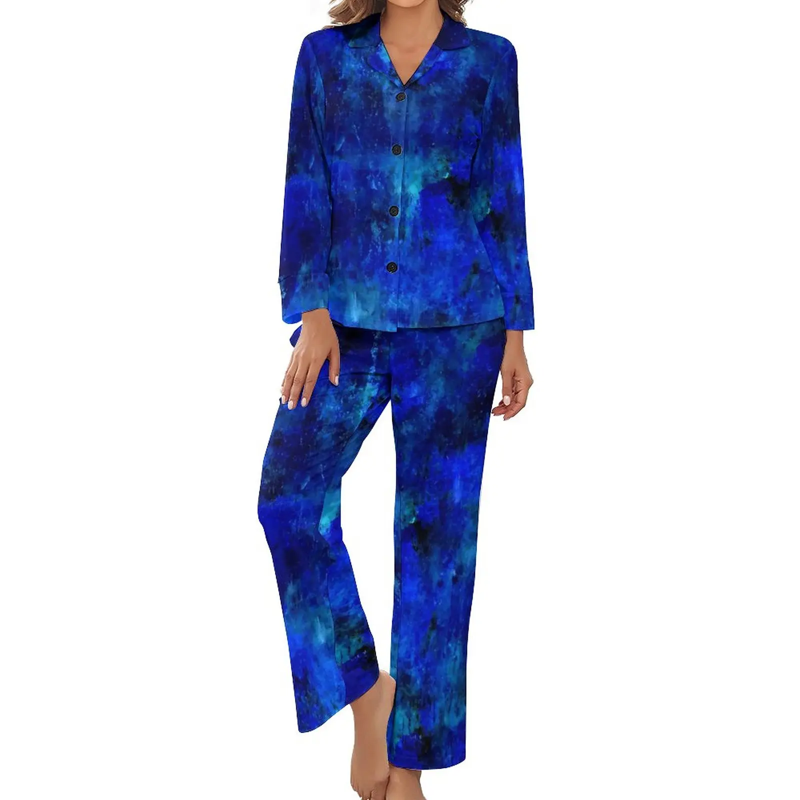 

Blue Paint Splatter Pajamas Long Sleeve Abstract Print 2 Pieces Aesthetic Pajama Sets Daily Female V Neck Soft Sleepwear