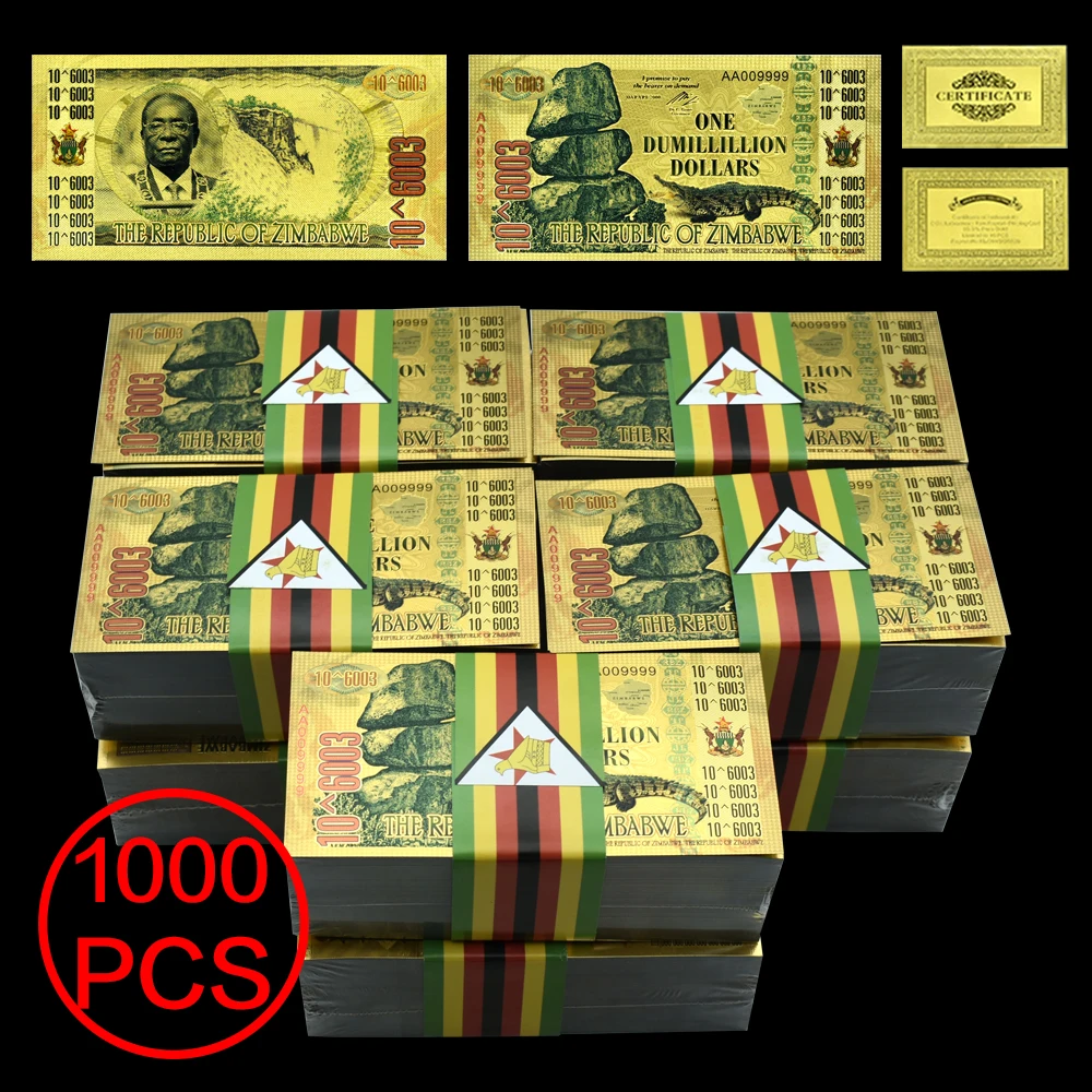 

1000pcs/lot Zimbabwe One Dumillillion Dollars Gold Banknotes Uncurrency Paper Money with Watermark Ornaments Collect