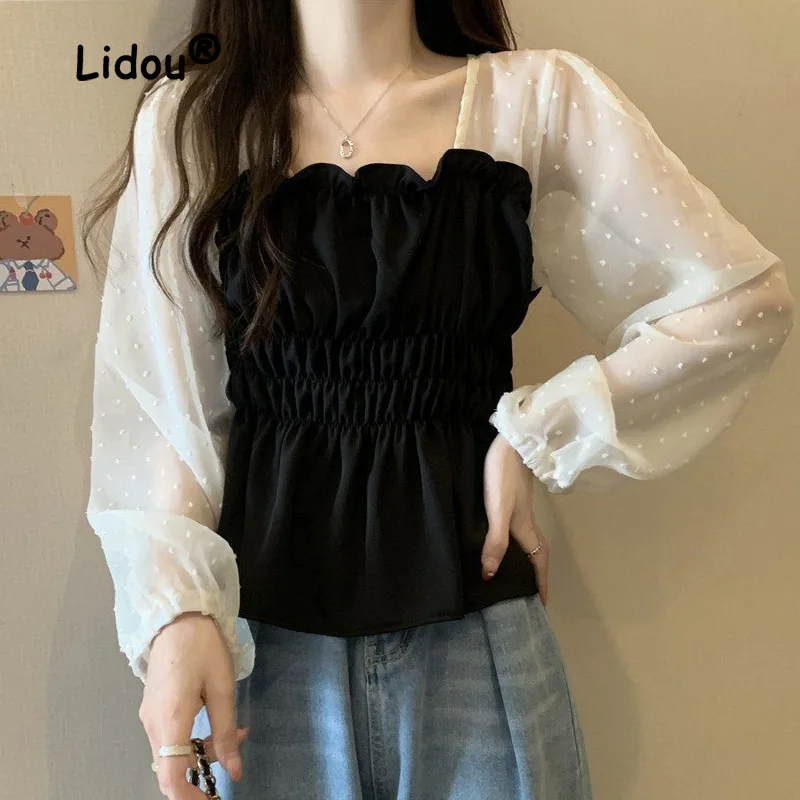 Classic Color Matching Fashion Net Penetration Ruffles Blouse Women New Long Sleeve Slash Neck Slim Korean All--match Lady Shirt
Classic Color Matching Fashion Net Penetration Ruffles Blouse Women New Long Sleeve Slash Neck Slim Korean All--match Lady Shirt