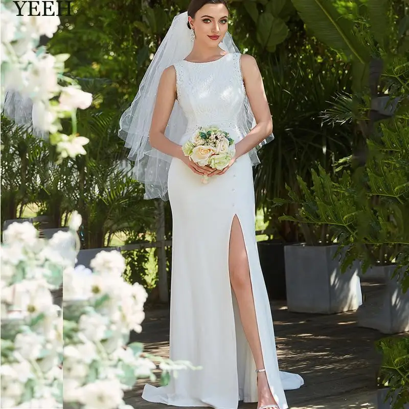 

YEEH Modern Mermaid Wedding Dress For Bride Elegant Lace Appliques High Slit Robe Mariee Sleeveless Vestido De Novia Civil