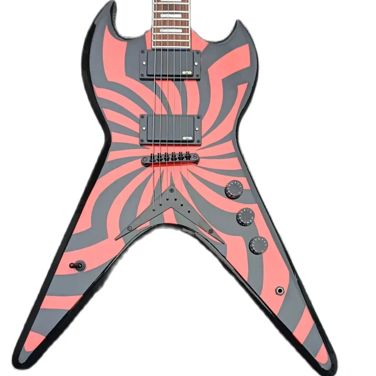 Special shaped electric guitar, windmill pattern, EMG pickup, V-shaped pull plate, black parts, real factory pictures, can be mo
Special shaped electric guitar, windmill pattern, EMG pickup, V-shaped pull plate, black parts, real factory pictures, can be mo