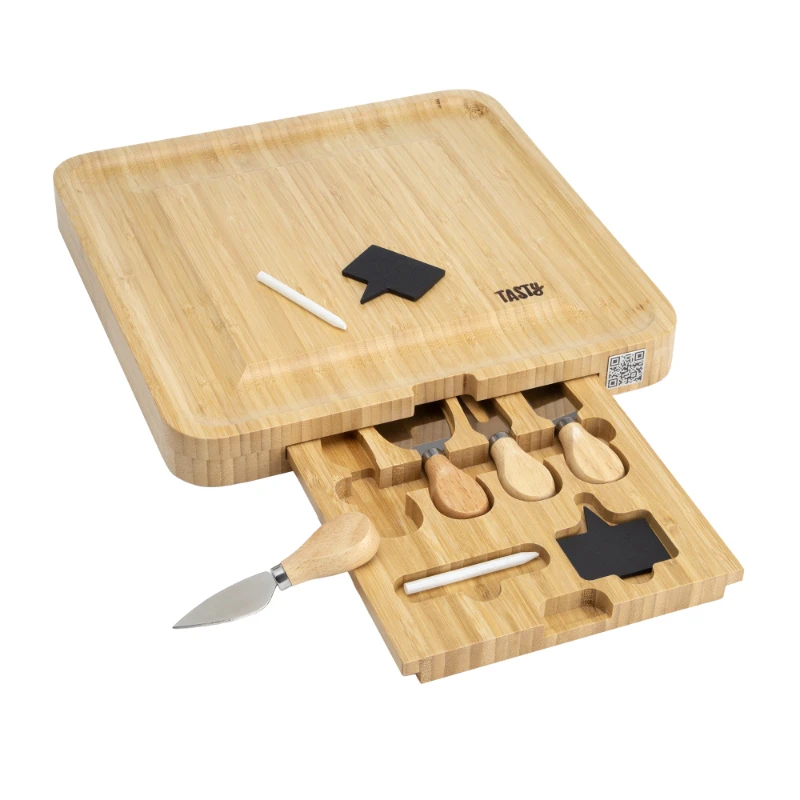 Bamboo Cheese Board and Charcuterie Tray with Hidden Drawer, Utensils, Markers, and Chalk, 13" x 13"
Bamboo Cheese Board and Charcuterie Tray with Hidden Drawer, Utensils, Markers, and Chalk, 13" x 13"