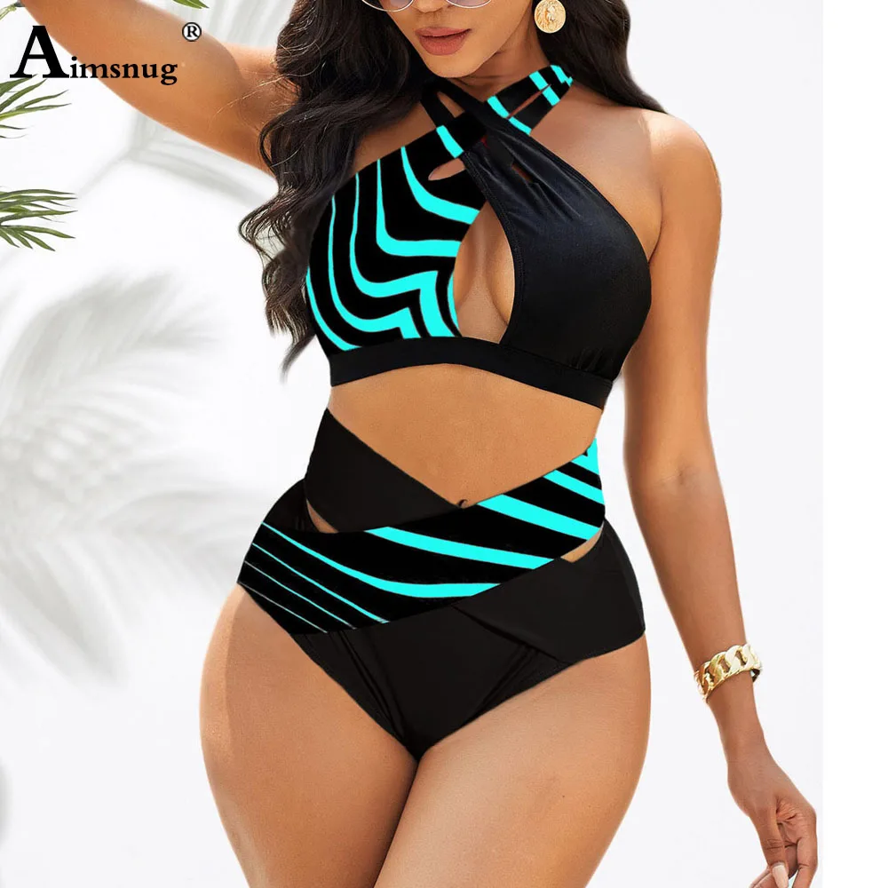 

Plus Size Women High Cut Bikini Sets Model Stripe Swimsuit Sexy Push Up Two Pieces Swimwear 2022 Summer Criss-cross Bathing Suit