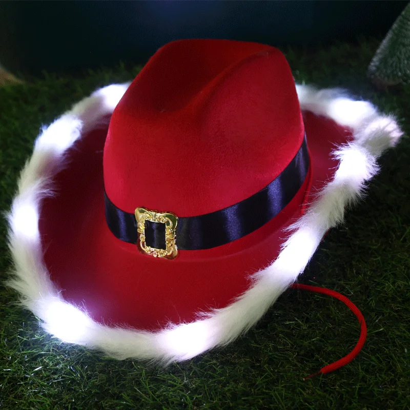 

New Year Red Luminous Cowboy Hats Christmas Feather Felt Black Belt Cowboy Hat Fashion Adult Party Carnival Decoration Stetson